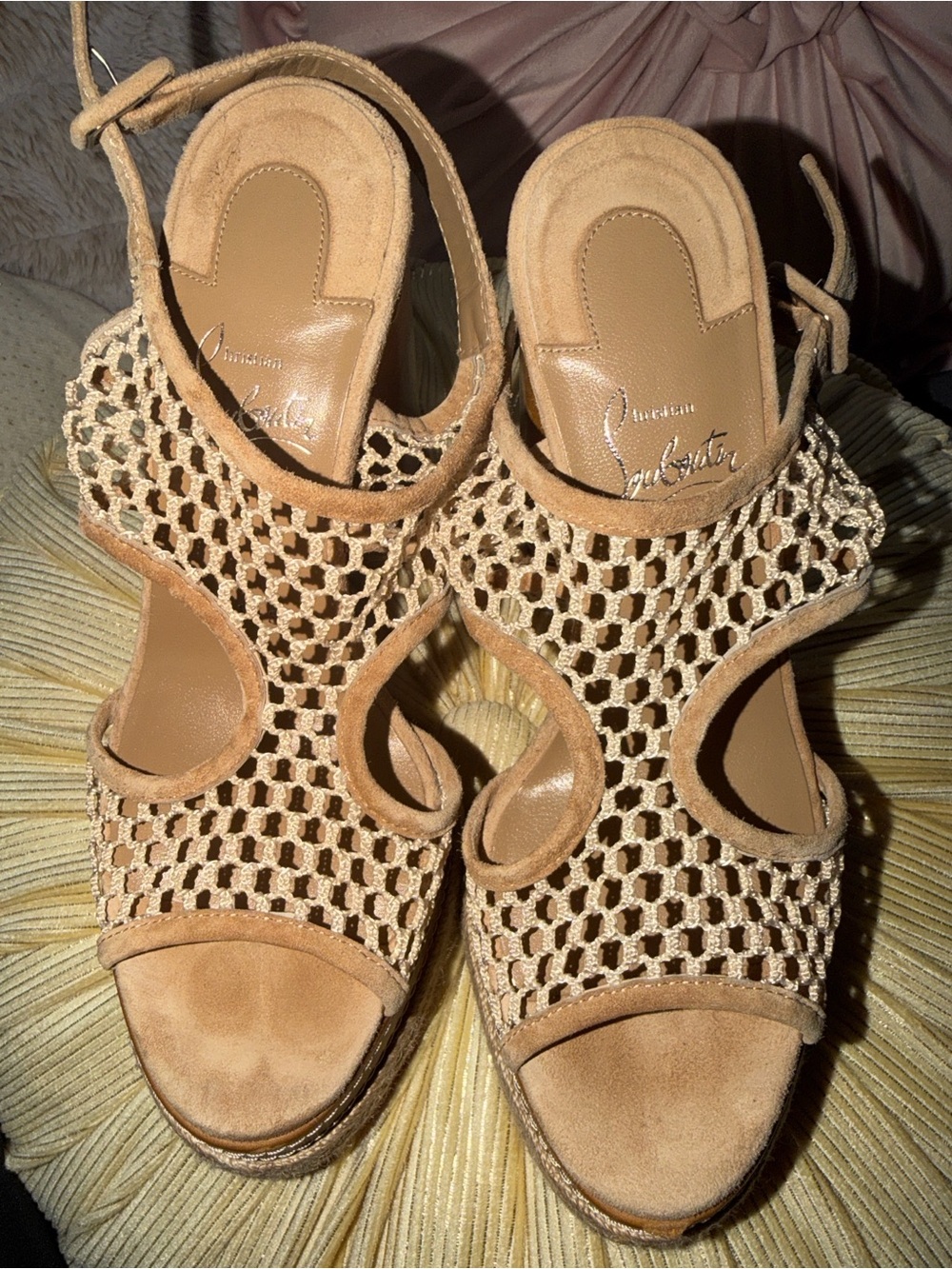 Christian Louboutin Beige Woven Suede Peep-Toe Sandals